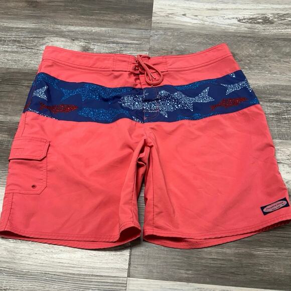Vineyard Vines Sharks Coral Pink Blue Mens 40 Diamond Textured Swim Board Shorts - Picture 1 of 11